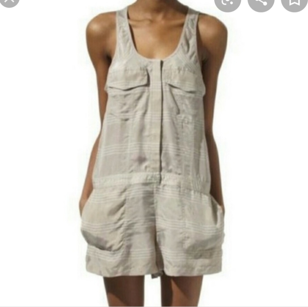 T by Alexander Wang Cream Tan Beige Stripe Striped Dobby Romper Overall Jumpsuit